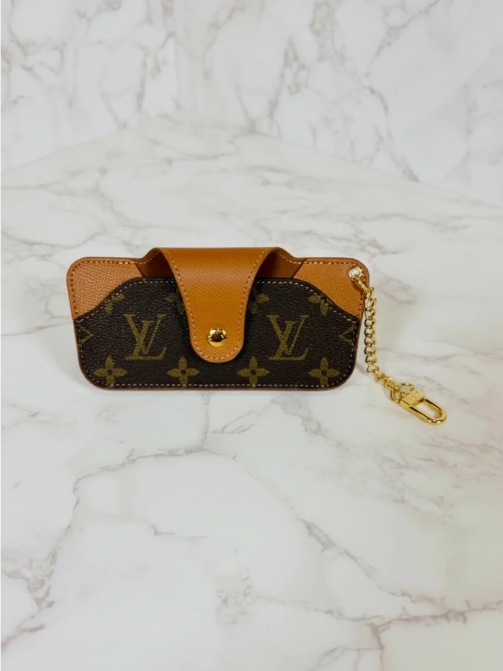 EYEGLASS CASE: Monogram Tan & Beige Pleather w/Golden Chain w/Clasp, NWOT
